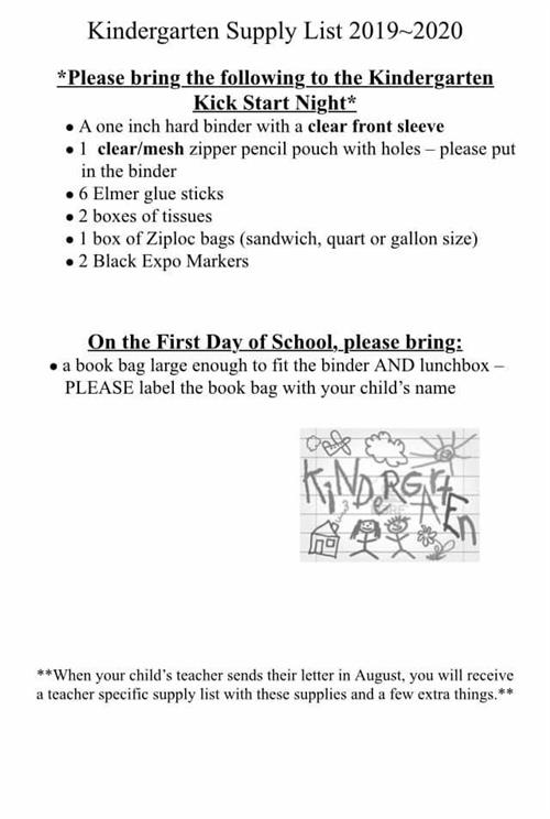 Kindergarten supply list 